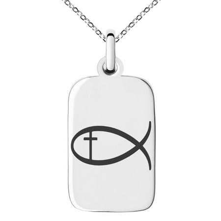 Ichthus Jewelry Stainless Steel Fish With Jesus Ichthus Cross Engraved Small Rectangle Dog Tag Charm Pendant Necklace ()