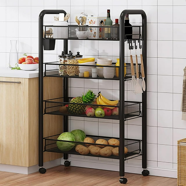 Chariot de Rangement et d'Organisation de Cuisine à 5 Niveaux, Chariot Utilitaire de Garde-Manger en Métal pour Collations sur Roulettes, Étagères de Rangement Roulantes pour Fruits, Pommes de Terre, Collations, Légumes, Pain (Black1,44x27x84cm(17x11x33 Po))
