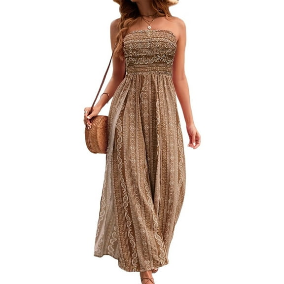 Women'S Tube Jumpsuits Boho Print Loose Sleeveless Smocked Rompers Wide Leg Long Slit Khaki M