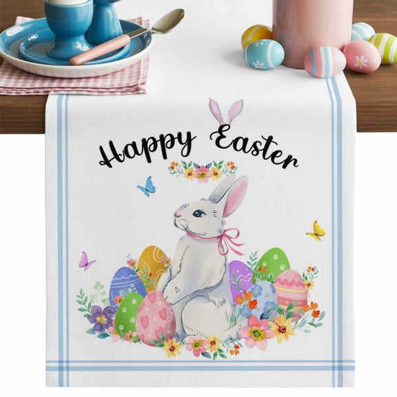 Happy Easter Table Runner, Watercolor Rabbit Colorful Easter Eggs Spring Floral Cotton Linen Kitchen Table Decoration Washable Dining Tabletop Runners for Home Party Decor 13x36 Inches