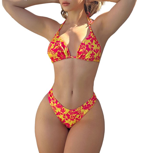 Gibobby Conjunto de Traje de Baño para Mujer Nuevo traje de baño de bikini sexy con cordones y estampado de copa triangular europea y americana para muje(Naranja,M)