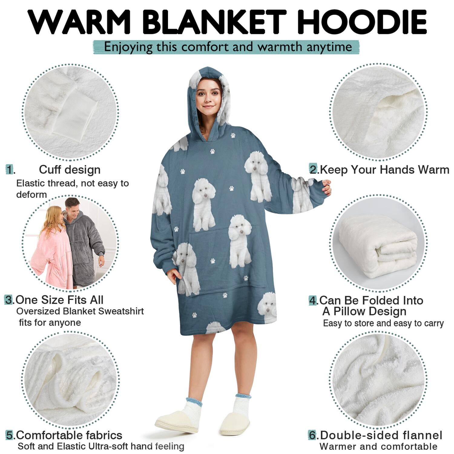 Poodle Dog and Footprint Wearable Oversized Blanket,Wearable Blanket Hoodie for Adults,Cozy Hooded Blankets with Super Pockets,Super Warm Fuzzy Pullover for Women & Men