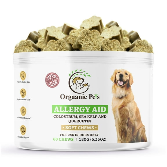 Dog Allergy Relief with SEA KELP - Colostrum - QUERCETIN - Mushrooms - Omega   11 Natural Allergy Relief Herbs - Soft Chews for Skin & Seasonal Allergies