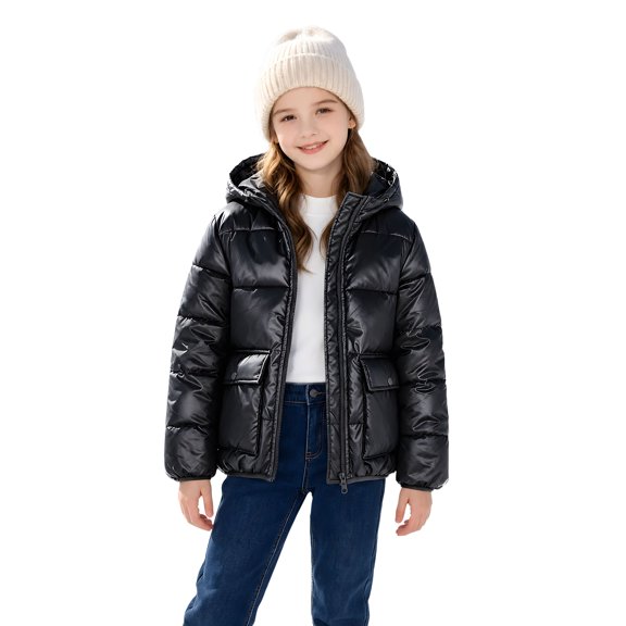 Lanbubble Girls Shiny Puffer Jacket Hooded Winter Coat Warm Outerwear for Kids 7-14Y