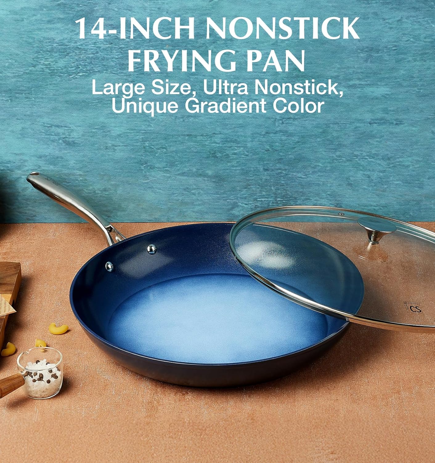Koch Systeme CS 14 inch Nonstick Frying Pan with Lid, Skillet with Ceramic Coating, Suitable for All Stoves, Gradient Blue