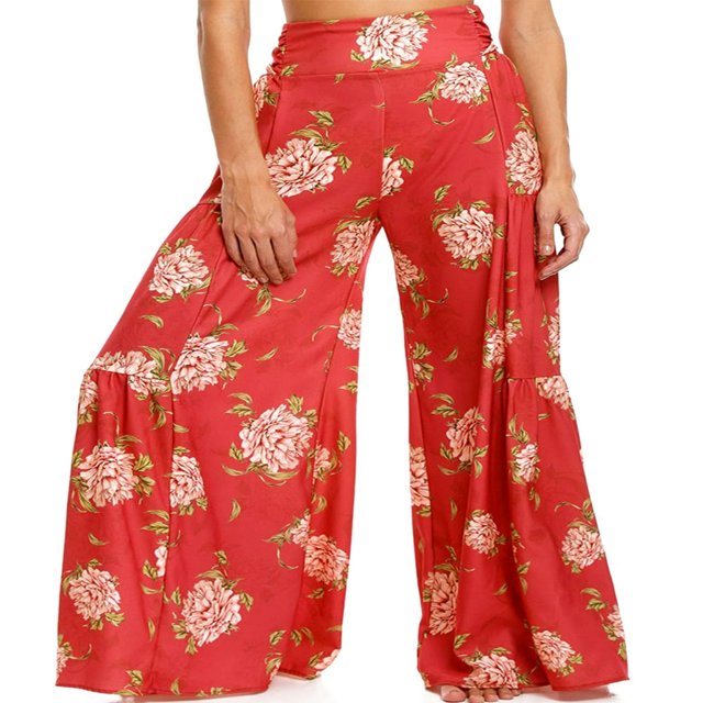 Femmes Boho Beach Pants Taille Haute Décontracté en Vrac Évasé Jambe Large Droite Impression Beach Pants