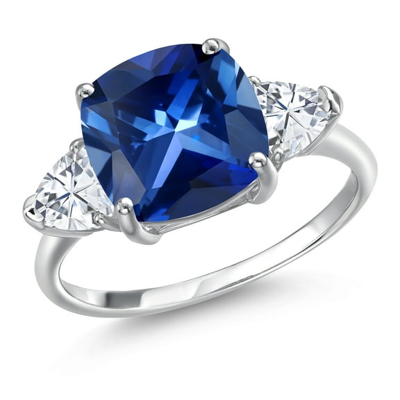 Gem Stone King 10K White Gold Blue Created Sapphire and White Moissanite Engagement Ring for Women | 6.26 Cttw | Cushion 10MM | Gemstone September Birthstone | Size 5