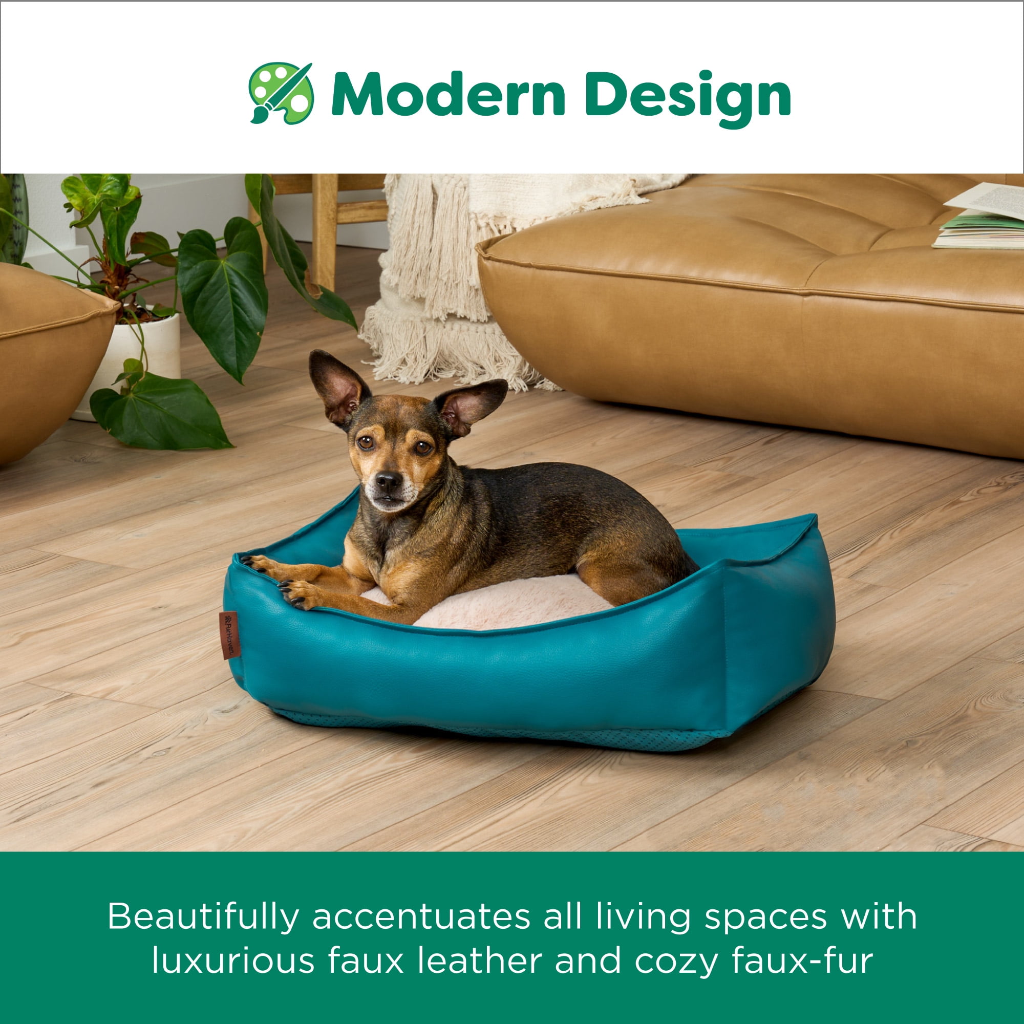FurHaven Leather Look Cozy Couch Pet Bed for Dogs and Cats - Teal, Medium