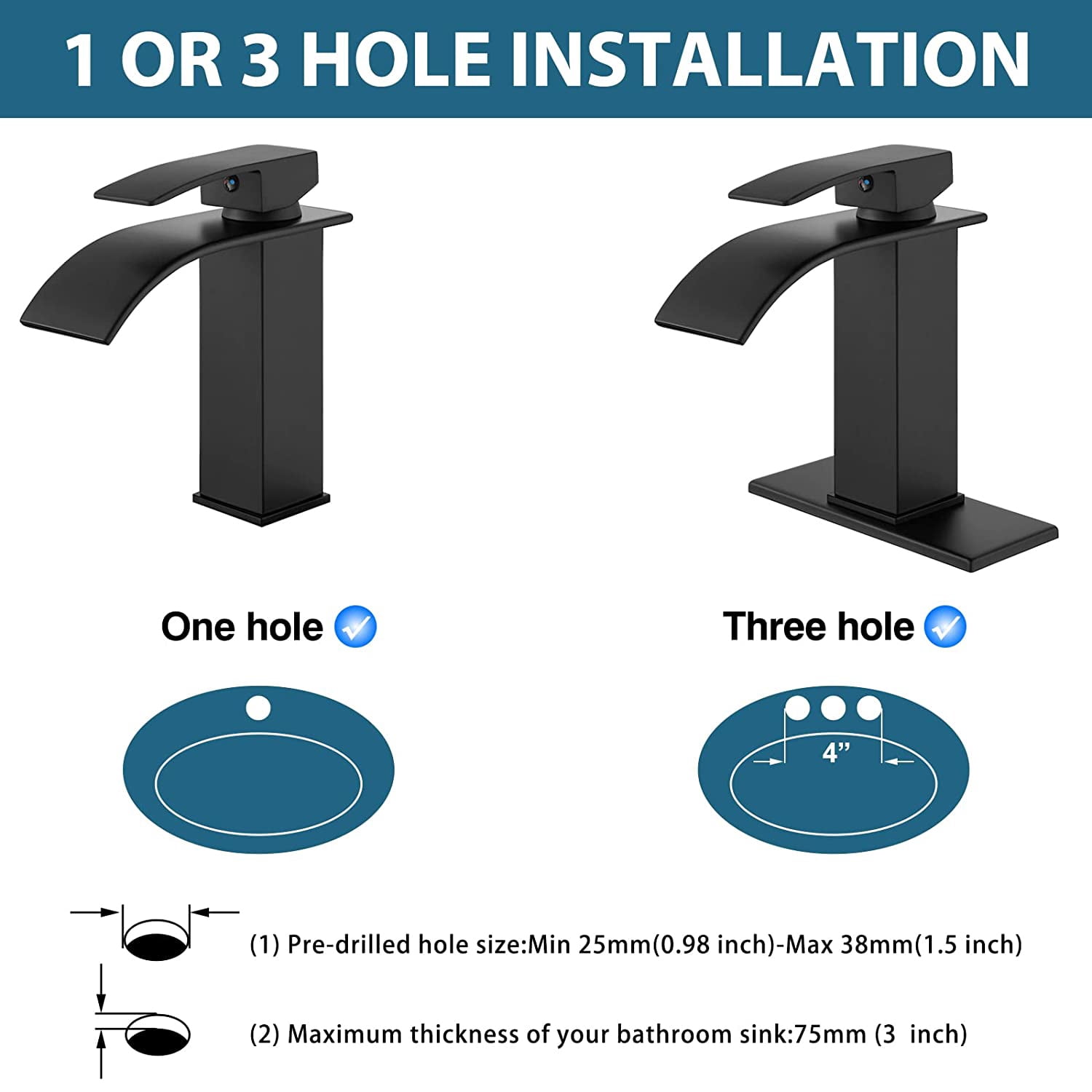 gotonovo Matte Black Bathroom Sink Faucet Waterfall Spout Single Handle 1 Hole Deck Mount Mixer Tap Lavatory Vanity Sink Faucet Commercial with Deck Plate and Pop Up Drain