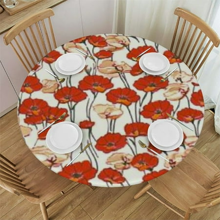 

Ollo0ord Floral Round Fitted Tablecloth with Elastic Edge Poppy Flowers Retro Spring Summer Garden Foliage Petals Print Polyester Table Cloth XXSmall 42 -46