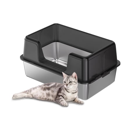 Stainless Steel Cat Litter Box with High Sides Detachable Splash Guard Non-Slip Base and Easy-Clean Design for Indoor Use