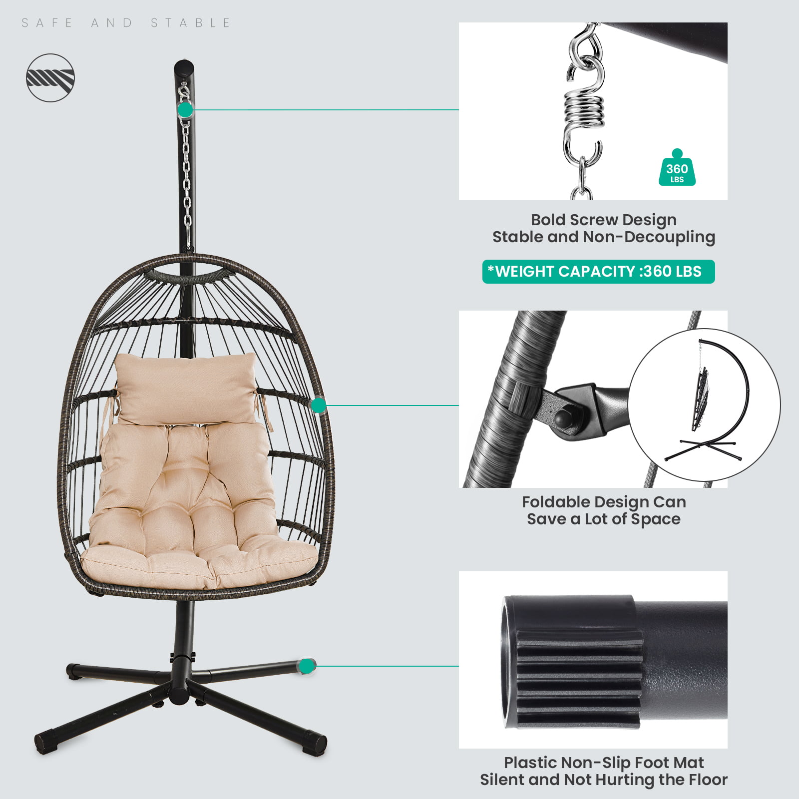 patroon hersenen feedback SERWALL 360 lbs Wicker Hanging Egg Swing Chair with Cushion and Stand for  Indoor Outdoor, Black - Walmart.com