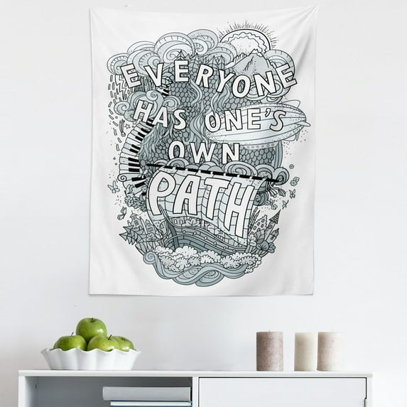 Saying Tapestry, Everyone Has Ones Own Path Calligraphy Chaotic Doodle, Fabric Wall Hanging Decor for Bedroom Living Room Dorm, 5 Sizes, Blue Grey White, by Ambesonne