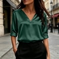 thumbnail image 2 of Silky Satin V Neck Blouse for Women Roll Cuffed 3/4 Sleeve Loose Tunic Shirts Business Casual Tops Lightweight Summer Trendy Outfits Green, 2 of 6