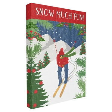 The Stupell Home Decor Collection Holiday Snow Much Fun Skier on Mountain with Trees Scene Oversized Stretched Canvas Wall Art, 24 x 1.5 x 30