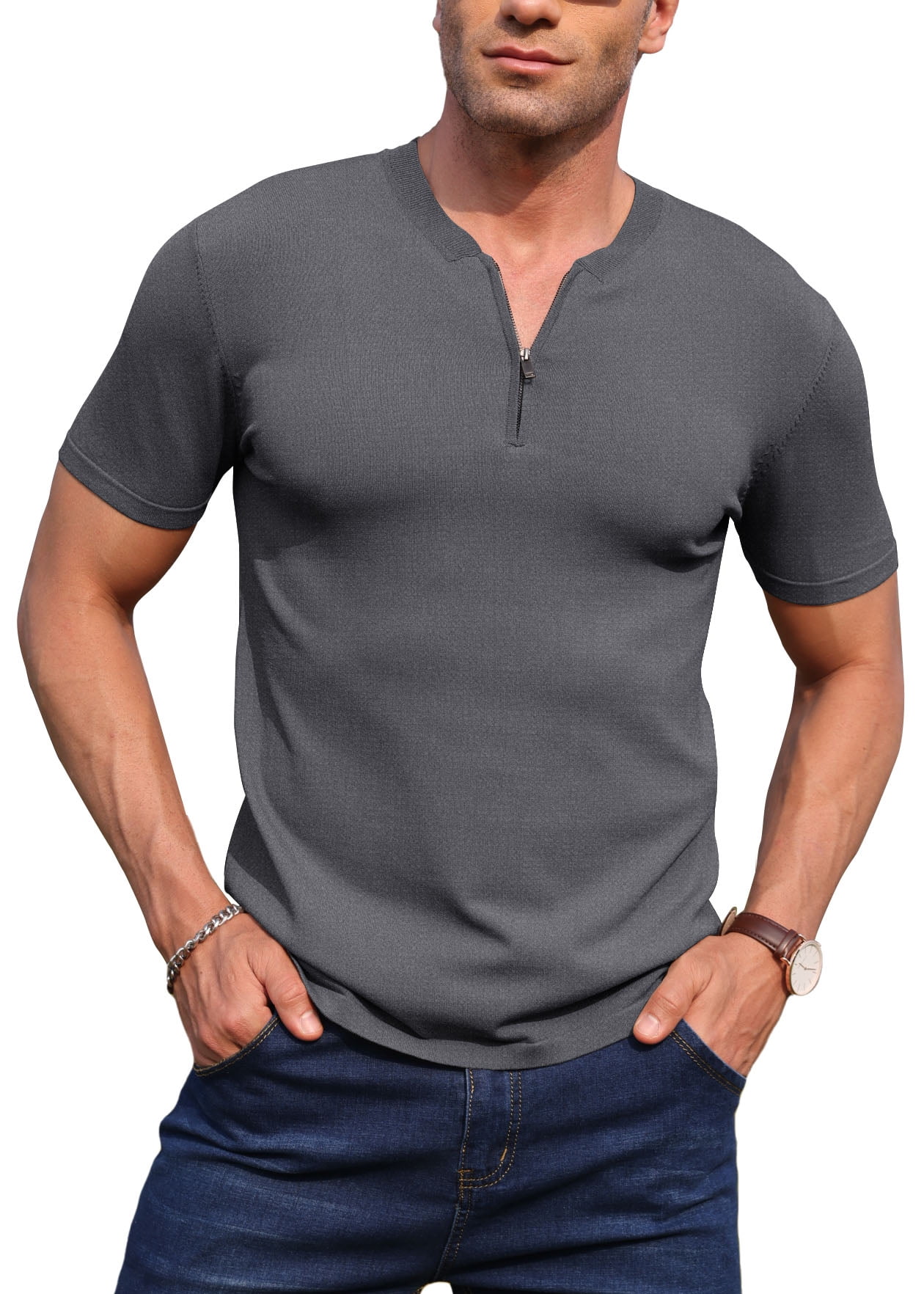 GIRUNS Men's Henley Quarter Zip Casual Shirts