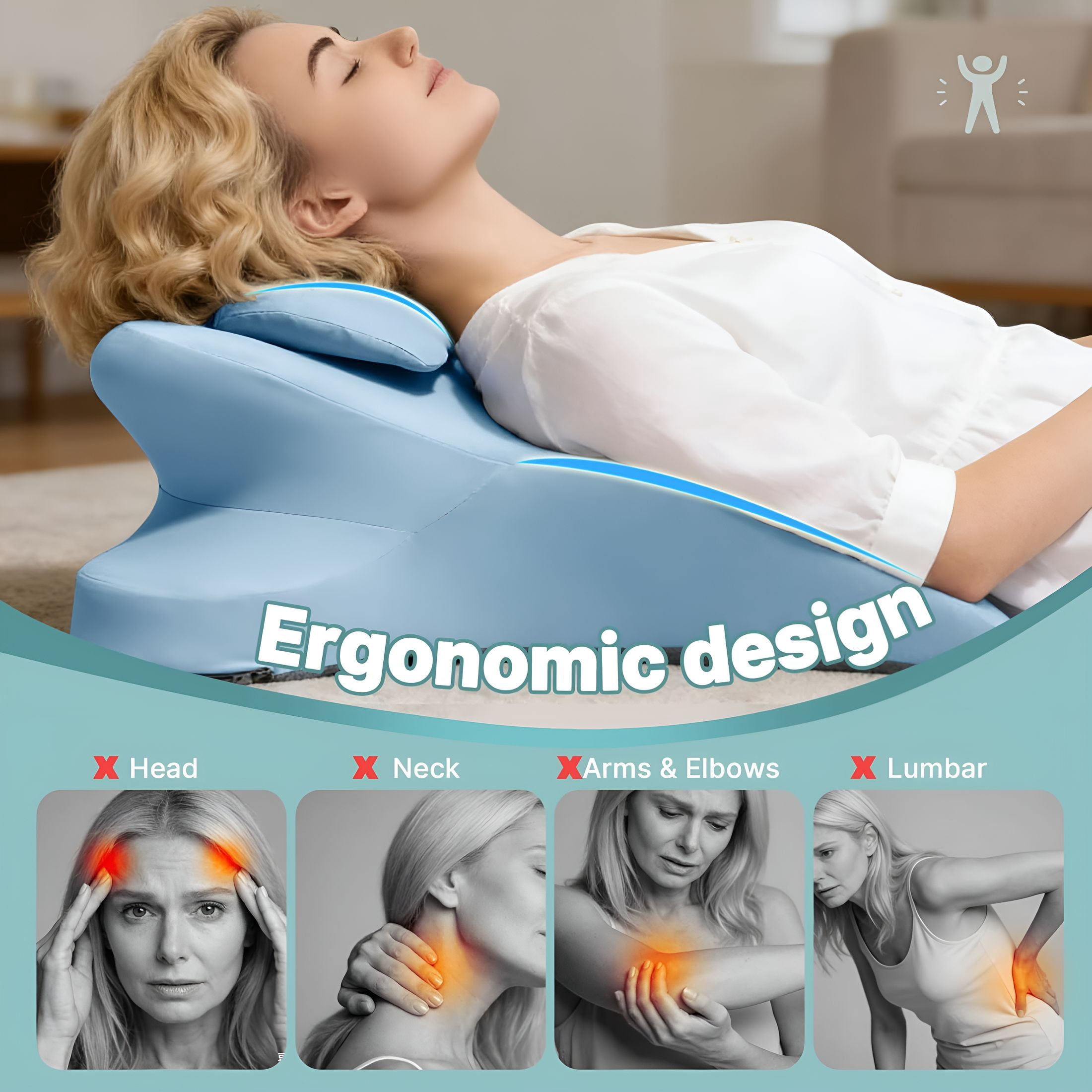 XIBUFE Ergonomic Memory Foam Wedge Pillow,Back and Neck Support Cushion,Bed Rest Reading Pillow for Sitting,Watching Tv and Home Comfort(Blue)