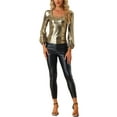 thumbnail image 2 of INSPIRE CHIC Women's Metallic Shimmer Glitter Bishop Sleeve Scoop Neck Party Top Shirt XS Gold, 2 of 6