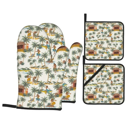 

Oven Mitts and Pot Holders Sets 4 pcs - Hawaiian Style Green Coconut Tree Heat Resistant Silicone Oven Gloves with Non-Slip Silicone Surface and hot pads for kitchen Baking Cooking BBQ