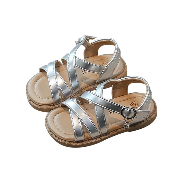 Girls' Button Strap Sandals for Girls, Soft Rubber Sole, Exposed Toe Design, Casual Beach Shoes, Silver Color, Size 23