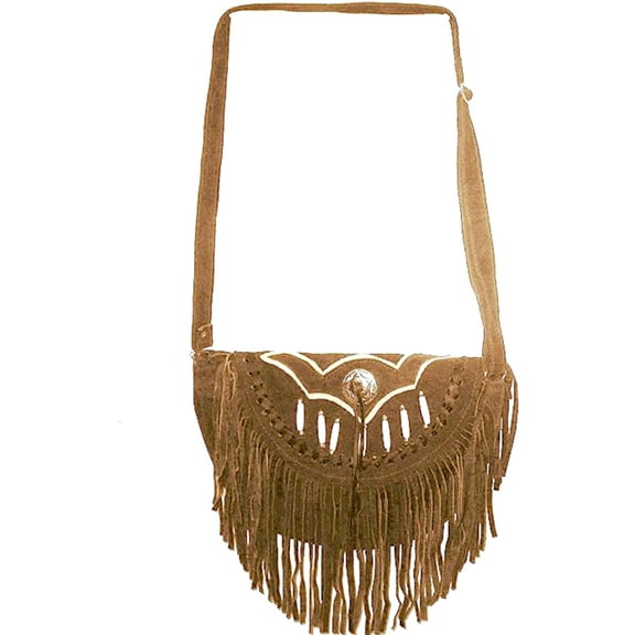 Southwestern Brown Leather Shoulder Bag with Fringes Hair Pipes Cabochons Cross Body Messenger Purse