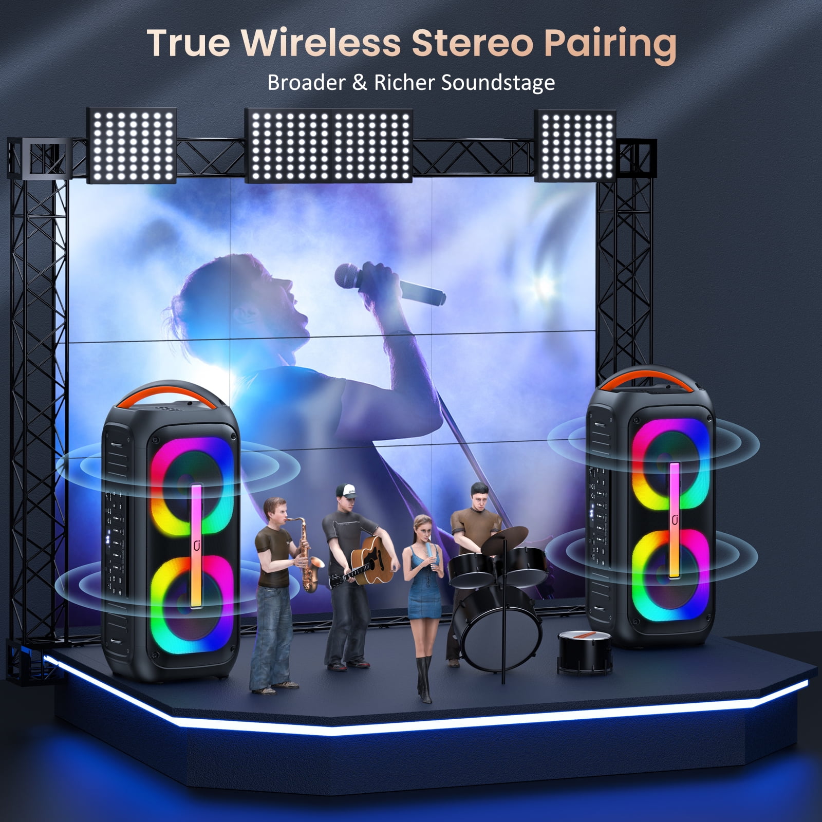FanFun Large Party Speaker, Portable Bluetooth Speaker with Lights, Powerful Outdoor Speaker with Microphone, Stereo Sound PA System, AUX Input, T11-T