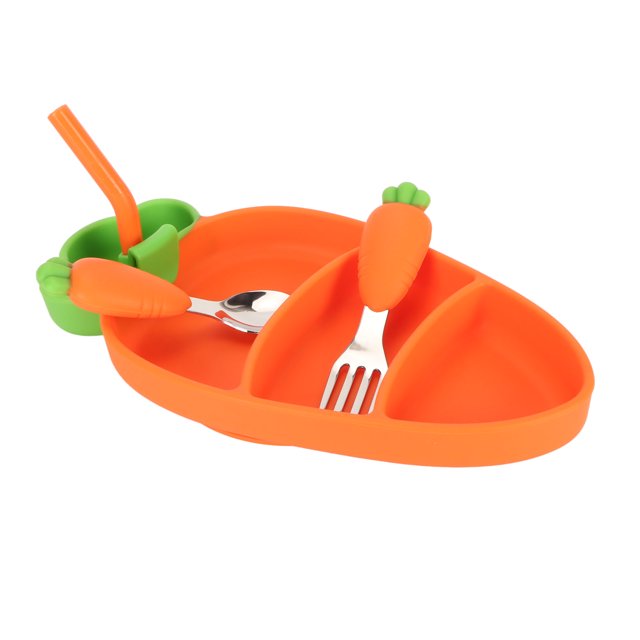 M Buder Set de Alimentación de Silicona para Bebés Plato Antideslizante con Ventosa Cuchara Tenedor Popote Cepillo Forma de Zanahoria Color Naranja 24 cm / 9.4 inches