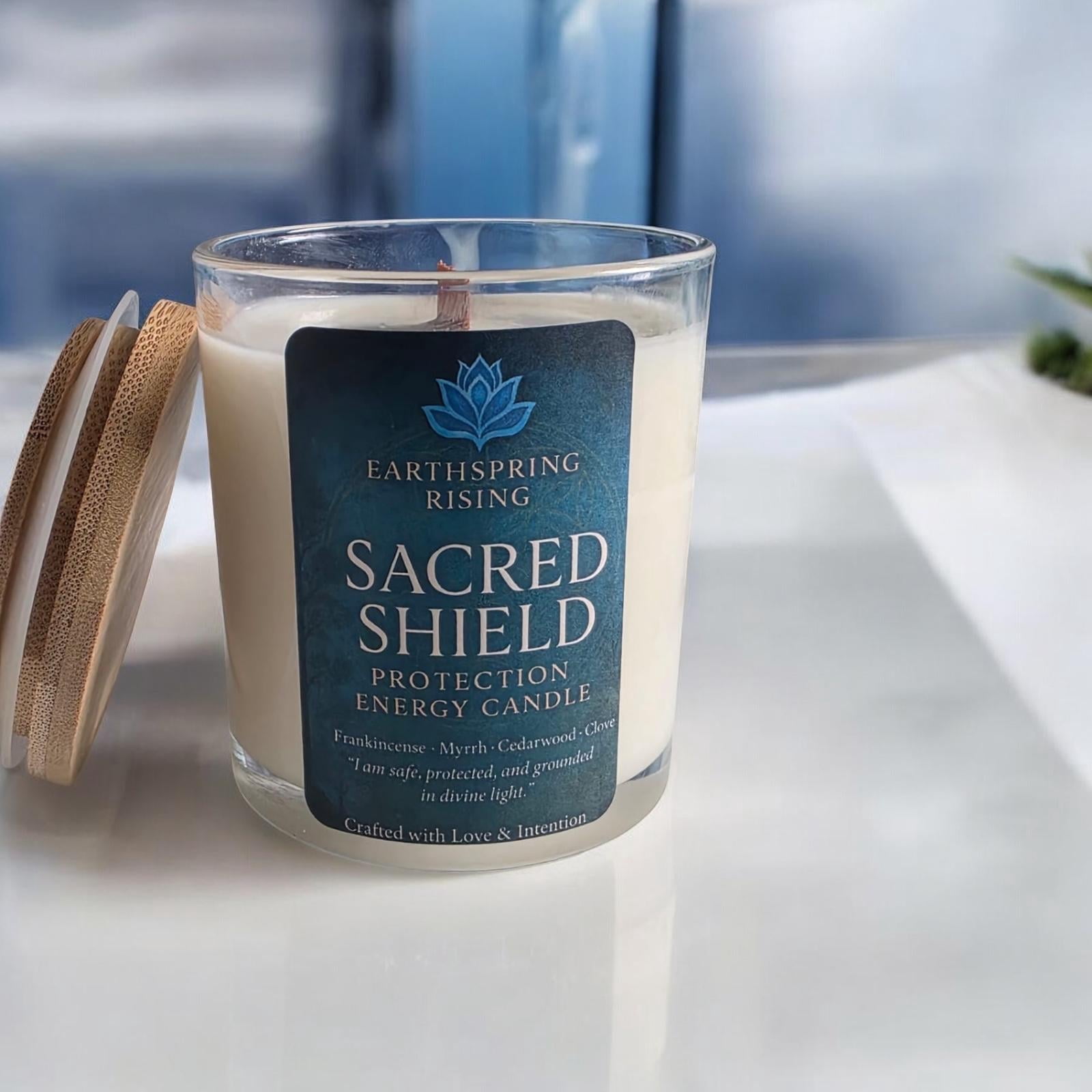 Sacred Shield Candle – Frankincense, Myrrh, Cedarwood & Clove | 10oz Soy Wax Wood Wick Candle with Wood Lid | 50-Hour Burn | Energy Protection & Grounding