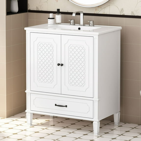 30" Bathroom Vanity with Sink - Space-Saving Design for Small Bathrooms, 1 Drawer & 2 Soft-Close Doors, Adjustable Shelf, Solid Wood Frame, White