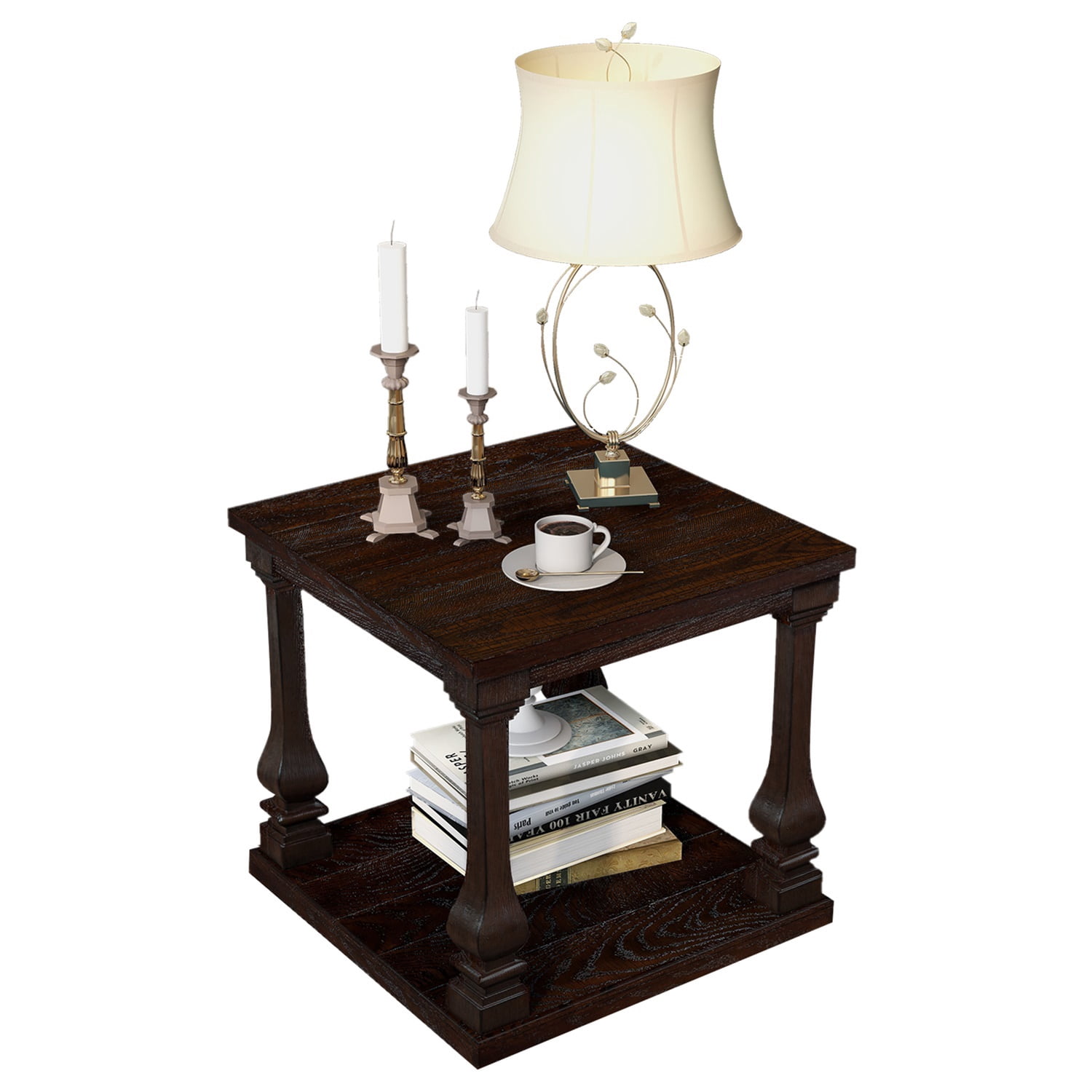 Hommoo 24.8" Farmhouse Wooden End Table with Storage Shelf, Vintage Square Side Table with Carved Legs for Living Room, Bedroom & Entryway, Espresso