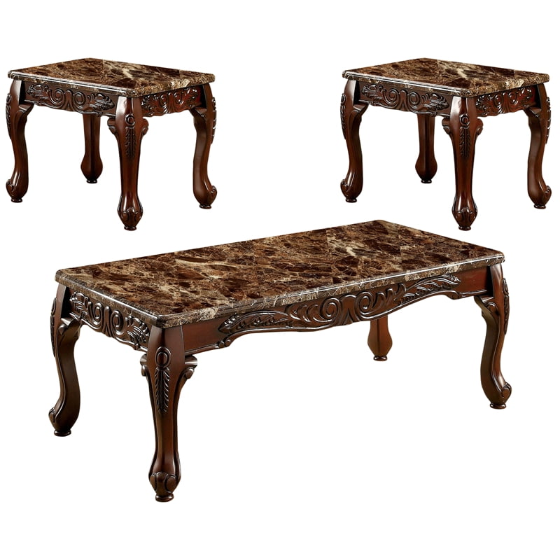 Burseel Wood 3 Piece Coffee Table Set, Antique Dark Oak Side Table
