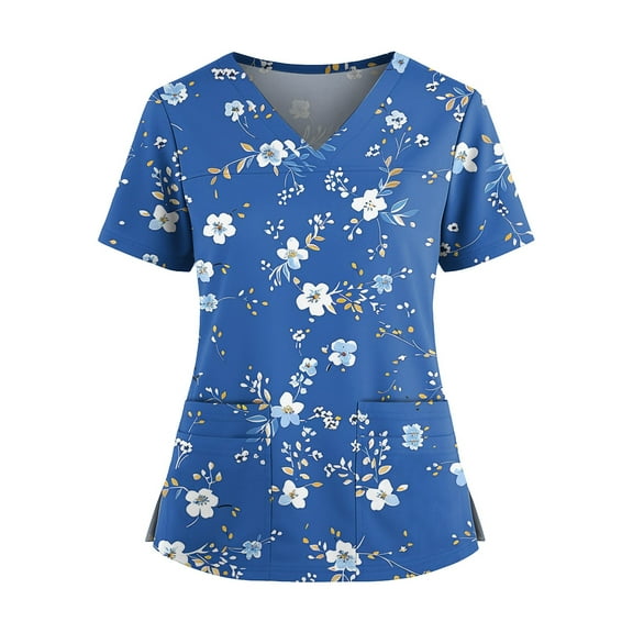 Scrubs For Women Tops, Plus Size Floral Printed Nurse Scrubs Tops-Stretchy V Neck Work Shirts With Pockets, Side Slit & Breathable Fabric Healthcare Scrubs Sets Bodysuits (5XL, Blue) ZMTing