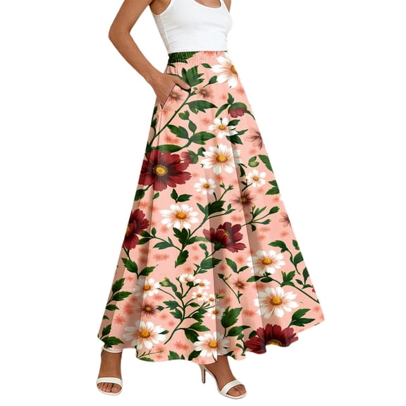 Arlun Bohemian Long Skirts for Women Elastic High Waist Floral Pleated A-Line Maxi Skirts 2026 Trendy Beach Vacation Outfit Loose Lightweight Flowy Summer Skirt with Pockets 24-Pink XL