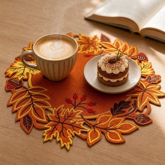 Fall Maple Leaf Placemat, Embroidered Lace Round Table Mat for Halloween Thanksgiving Dining Table Centerpiece Decor