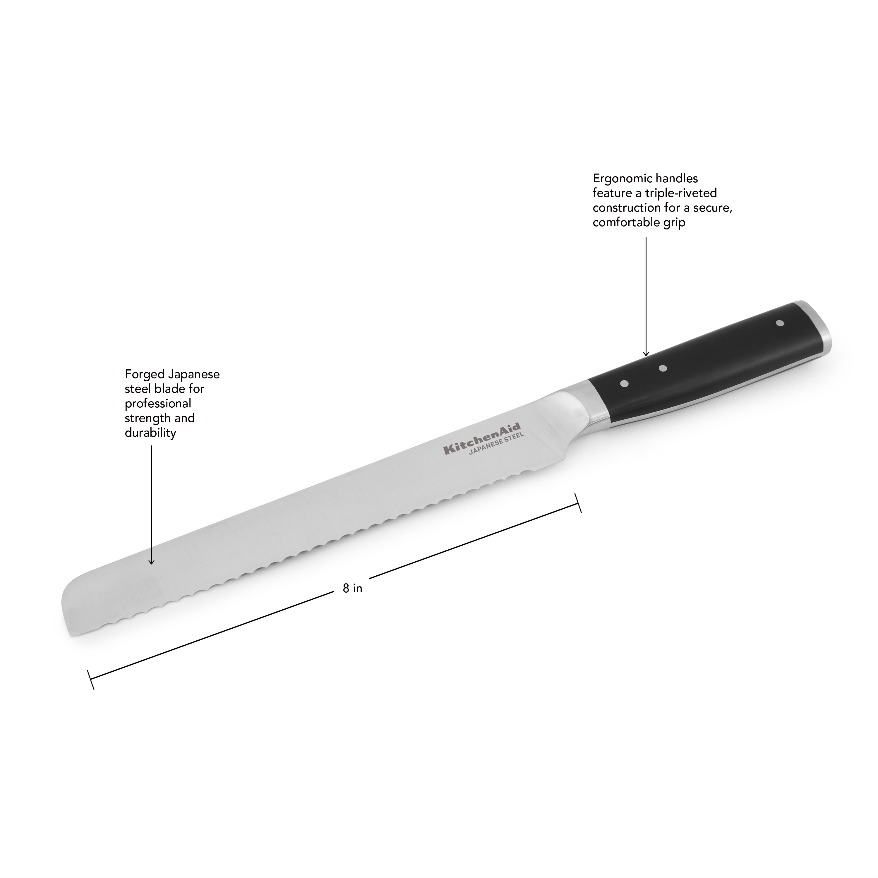 Kitchenaid Gourmet Forged Tripe-Rivet Bread Knife with Blade Cover, 8-inch, Black