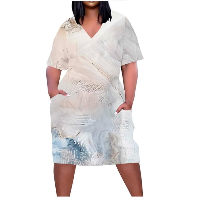 Pisexur Robes d'Été pour Femmes Mode Multicolore Imprimé Floral Robe Décontractée Ample Col en V Manches Courtes T-Shirt Robes Fluides Surdimensionnées avec Poches Grande Taille Robe Midi L-5TG