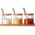 thumbnail image 1 of Juego De Botes Para Condimentos Simples Y Elegantes De 3 Piezas, Caja De Contenedor De Vidrio Para Condimentos De Almacenamiento Decorativo Con Tapa Y Base De Cuchara De Bambú Para La Cocina Casera Ca, 1 of 5
