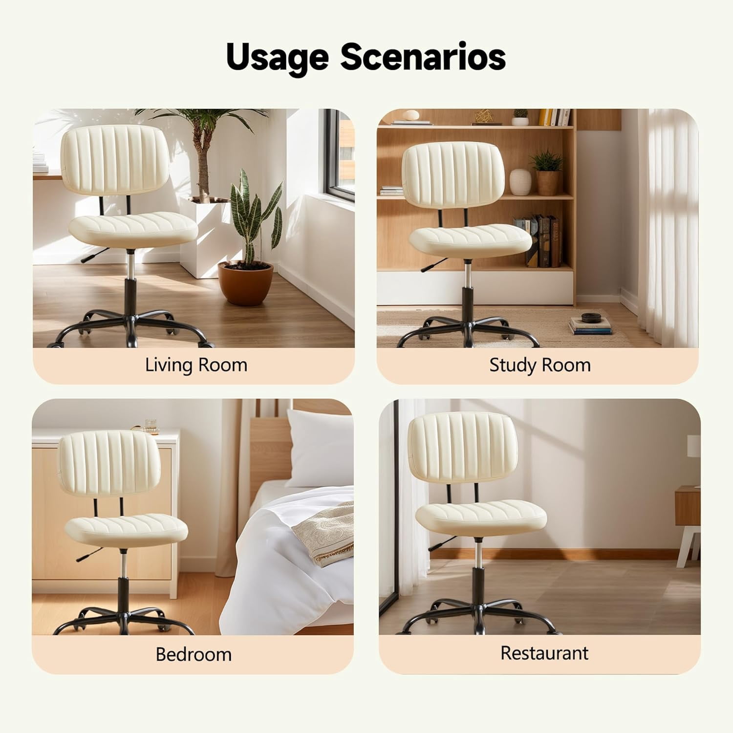 ENYLAY Small Armless Home Office Desk Chair, Ergonomic Cute Chair PU Leather with Adjustable Swivel Rolling Comfy Task Study Chair with Lumbar Support for Adult and Student, Bedroom (Beige White)