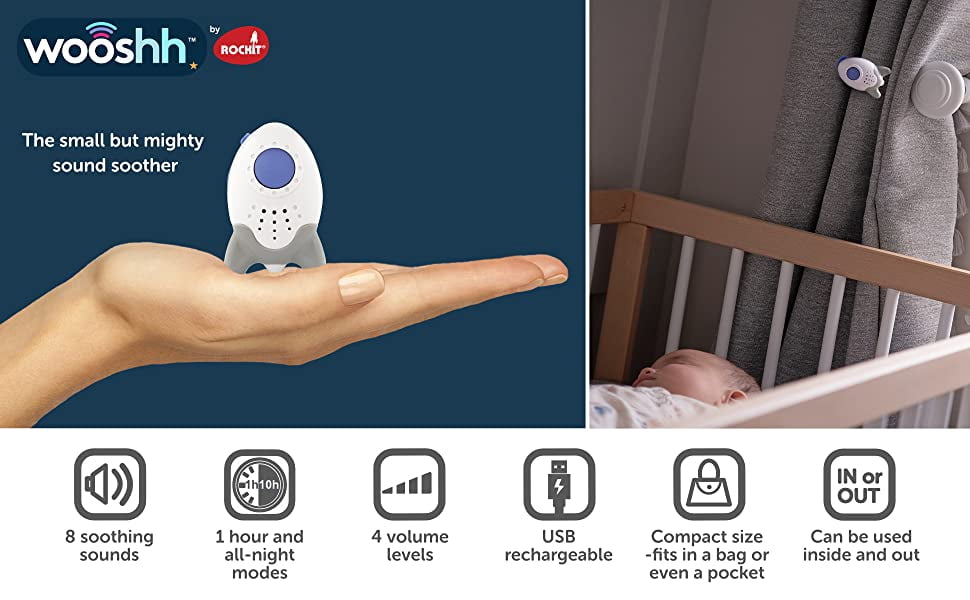 Wooshh by Rockit. The Small but MIGHTY Rechargeable, Portable White Noise Sound-Soother with 8 Calming Sounds for babies and 4 Volume Levels. Stand, Clip or Strap it. Take it with You Everywhere.