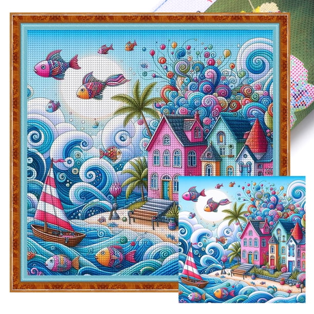 (5) Hilo Algodón Ecológico Bordado 11CT 3 Hebras Impresión 50x50cm Kit Serie Paisaje Punto Cruz Seaside World