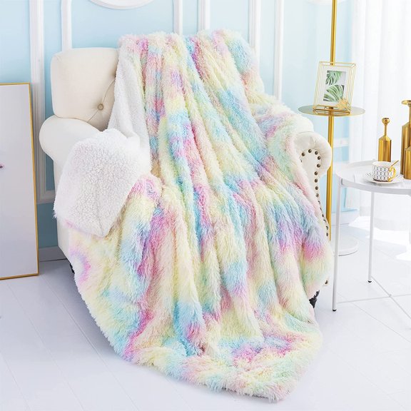 Arogan Super Fluffy Rainbow Blanket For Couch Bed Sofa Girls Kids, 50"x60"