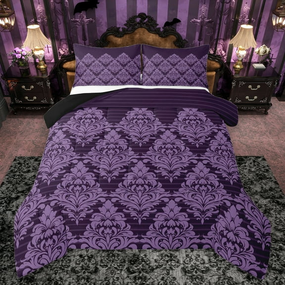 Manfei Retro Damask Print Bedding Comforter Set,Vintage Baroque Flower Twin Comforter Sets,Purple bohemian Flowers Bedding Set For Men Women,Ultra Soft Home Decor Reversible,2-Piece