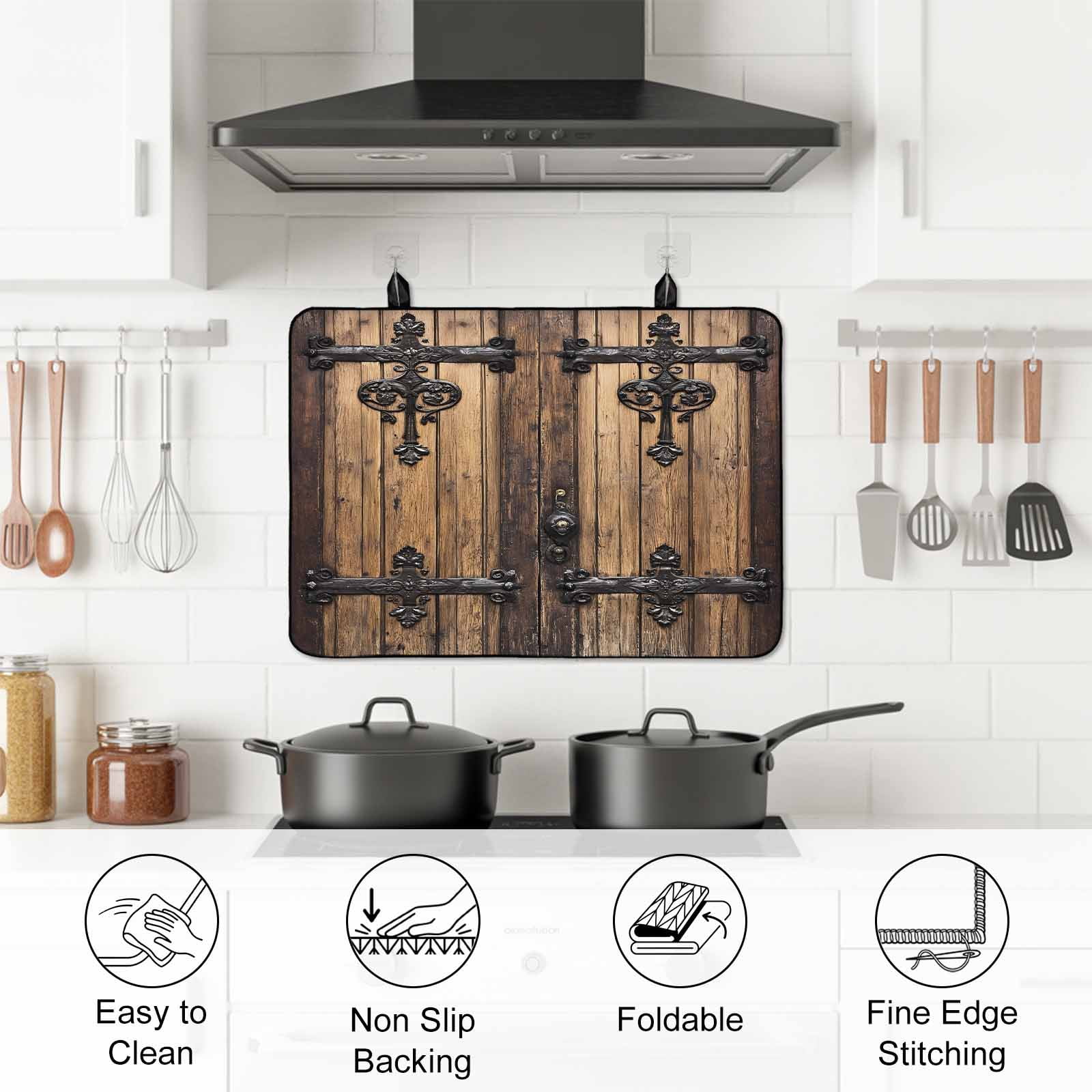 Rustic Wooden Door Stove Top Cover for Electric Stove, Heat-proof & Non Slip Glass Top Stove Cover Protector, Brown Black Farmhouse Country Vintage Kitchen Flat Cooktop Rubber Mat 24x21 Inches