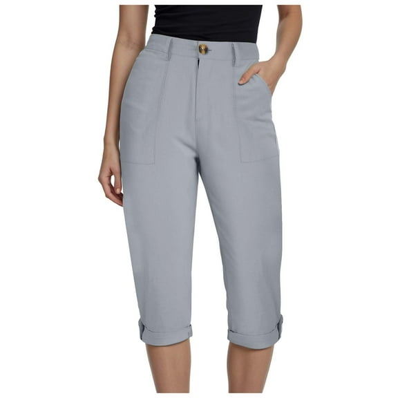 TTUHYWXI Cargo Capri Pants for Women High Waisted Relaxed Fit Elastic Knit Waist Casual Capris Trousers Cropped Pants (Grey, M)
