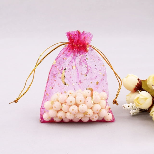 100Pcs/Set Candy Bag Drawstring Wide Used Gauze Sheer Moon Star Printed Gift Pouch Christmas Supplies