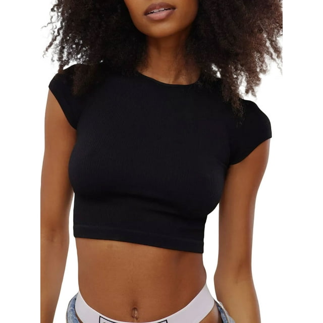 xiaxaixu T-Shirts Courts à Manches Courtes pour Femmes Couleur Unie Col Rond Ajusté Tricoté Côtelé Été Nombril Exposé