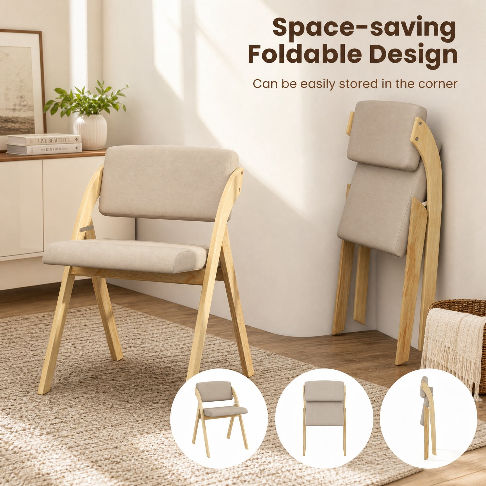 Furnibear Folding Kitchen Dining Chairs Set of 2 with Padded Seat and Rubber Wood Legs for Home