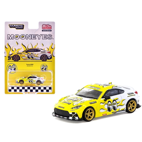Toyota GR86 RHD (Right Hand Drive) "MoonEyes" White w/Yellow Flames and Graphics "Global64" 1/64 Diecast Model by Tarmac Works