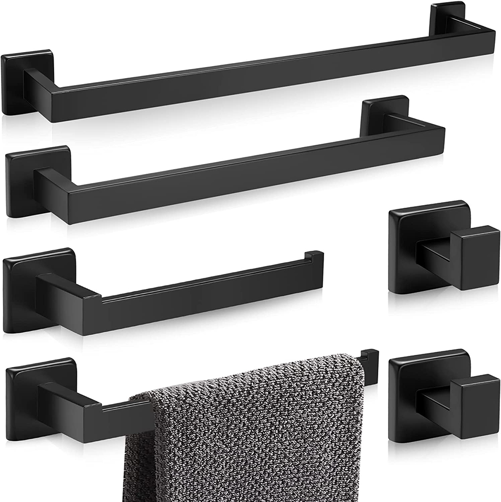6piece bathroom accessory set, matte black, towel rack Towel rack Robe