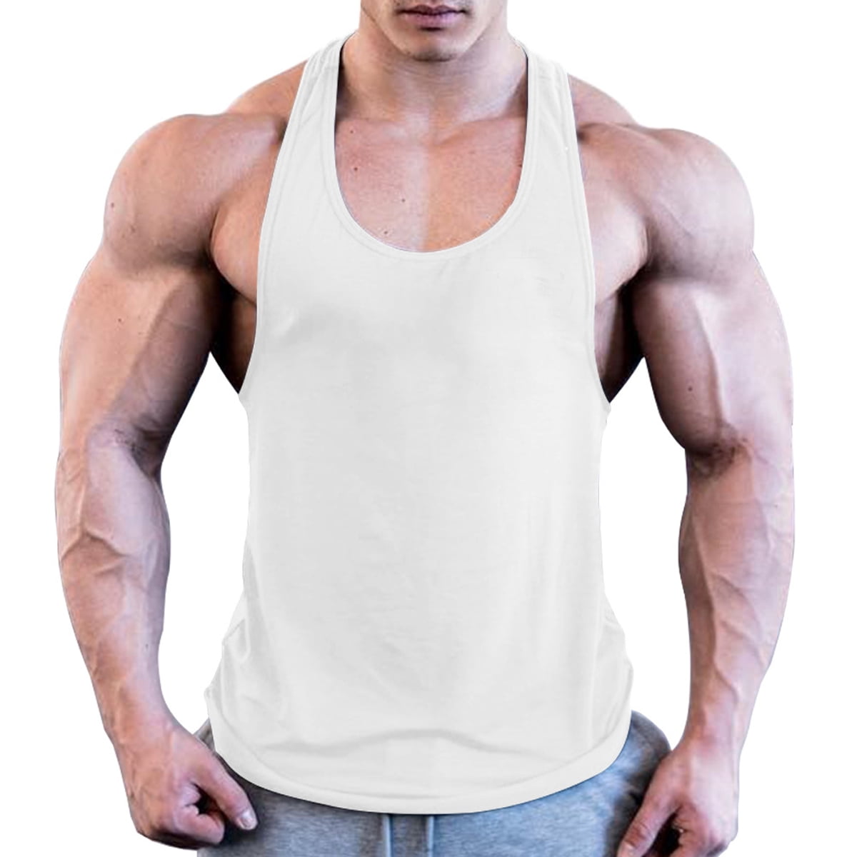 inlzdz Mens Spandex Racer Back Vest Crop Tops Bodybuilding Stringer Tank Top Gym Shirts 